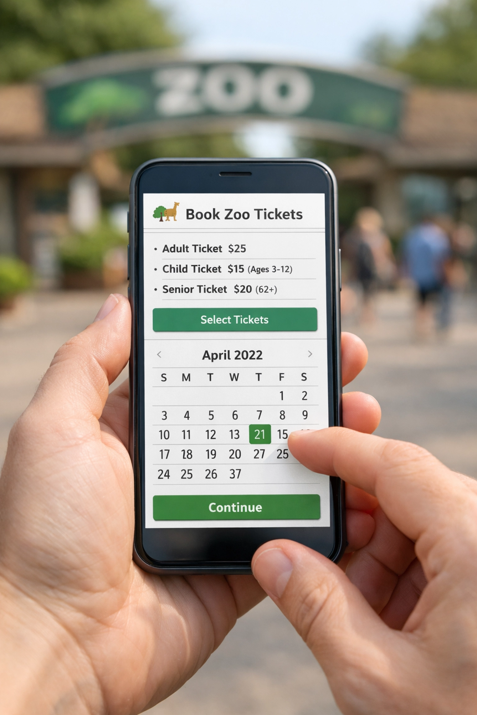 Mobile zoo ticket booking interface showing user-friendly direct booking system