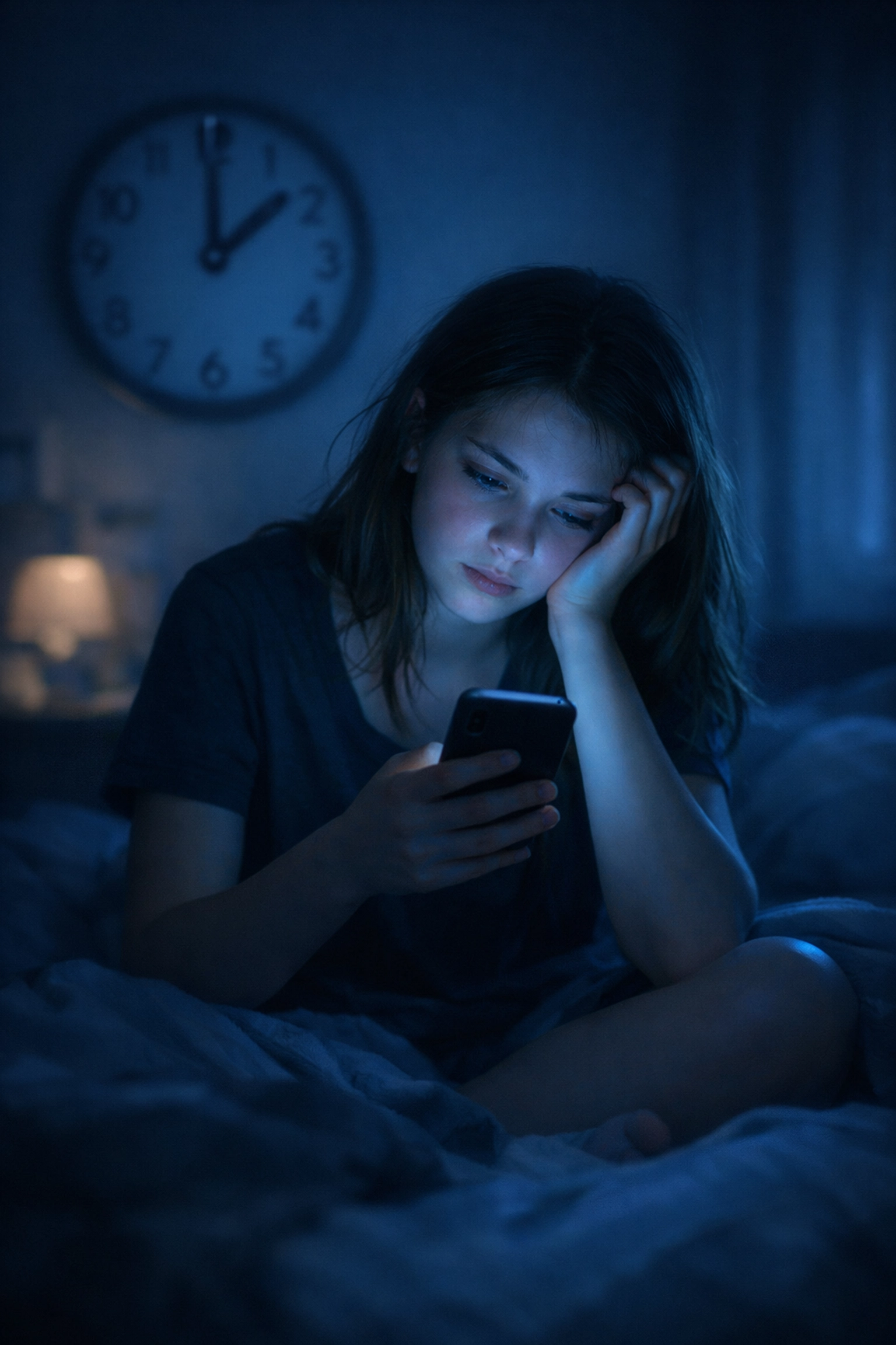 Teen girl struggling with late-night screen time and anxiety while scrolling smartphone in bed