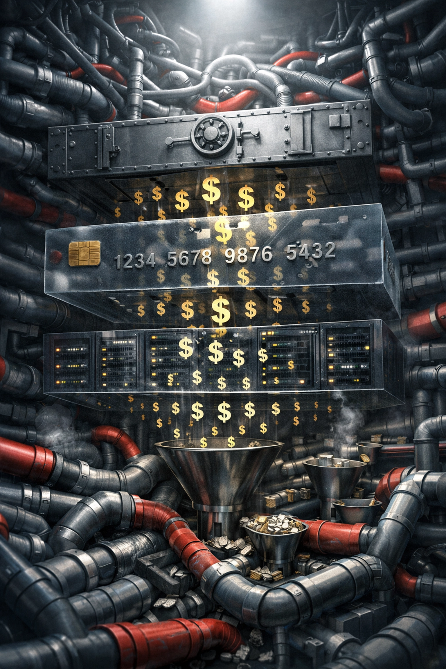 Traditional payment processing stack showing multiple intermediaries extracting merchant interchange fees
