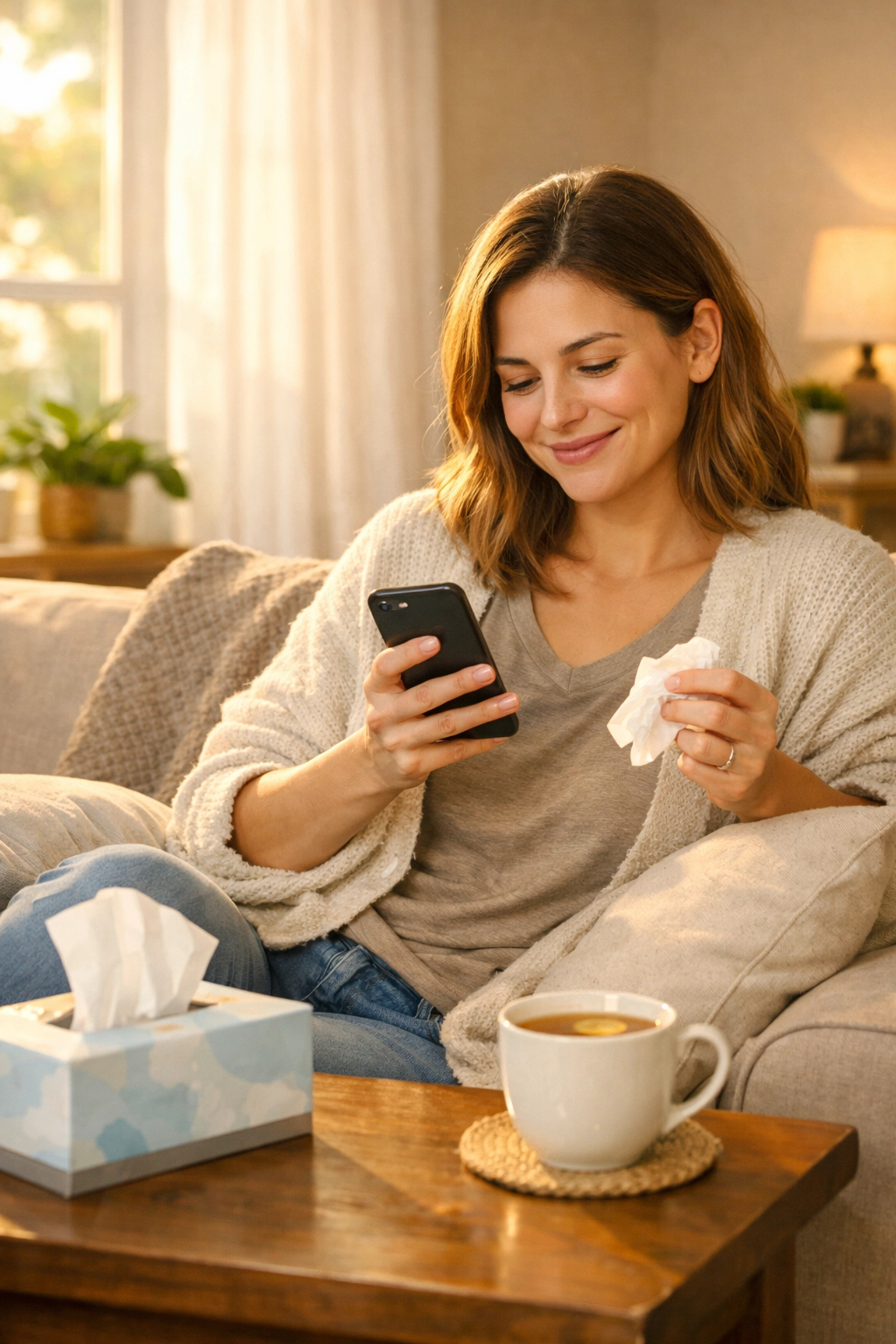 Woman consulting with online doctor from home for cold and allergy relief