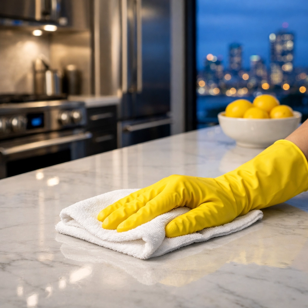 Reliable professional cleaners in Boston MA wiping down a luxury marble kitchen countertop.