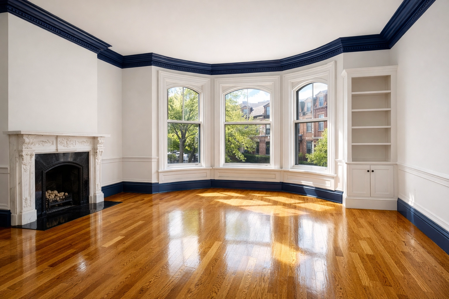 Clean Boston brownstone living room with polished hardwood floors from a professional move-in cleaning service.
