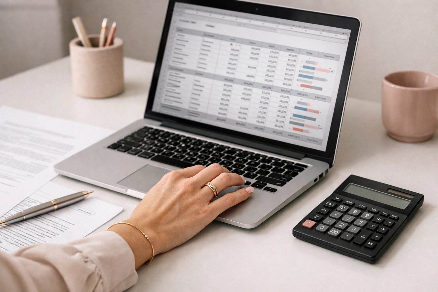 Close-up of a stylish feminine hand reviewing a renovation budget and contract on a laptop