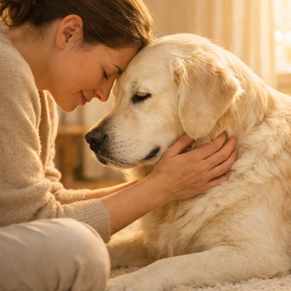 Calm temperament Golden Retriever providing emotional support and stress relief to its owner.