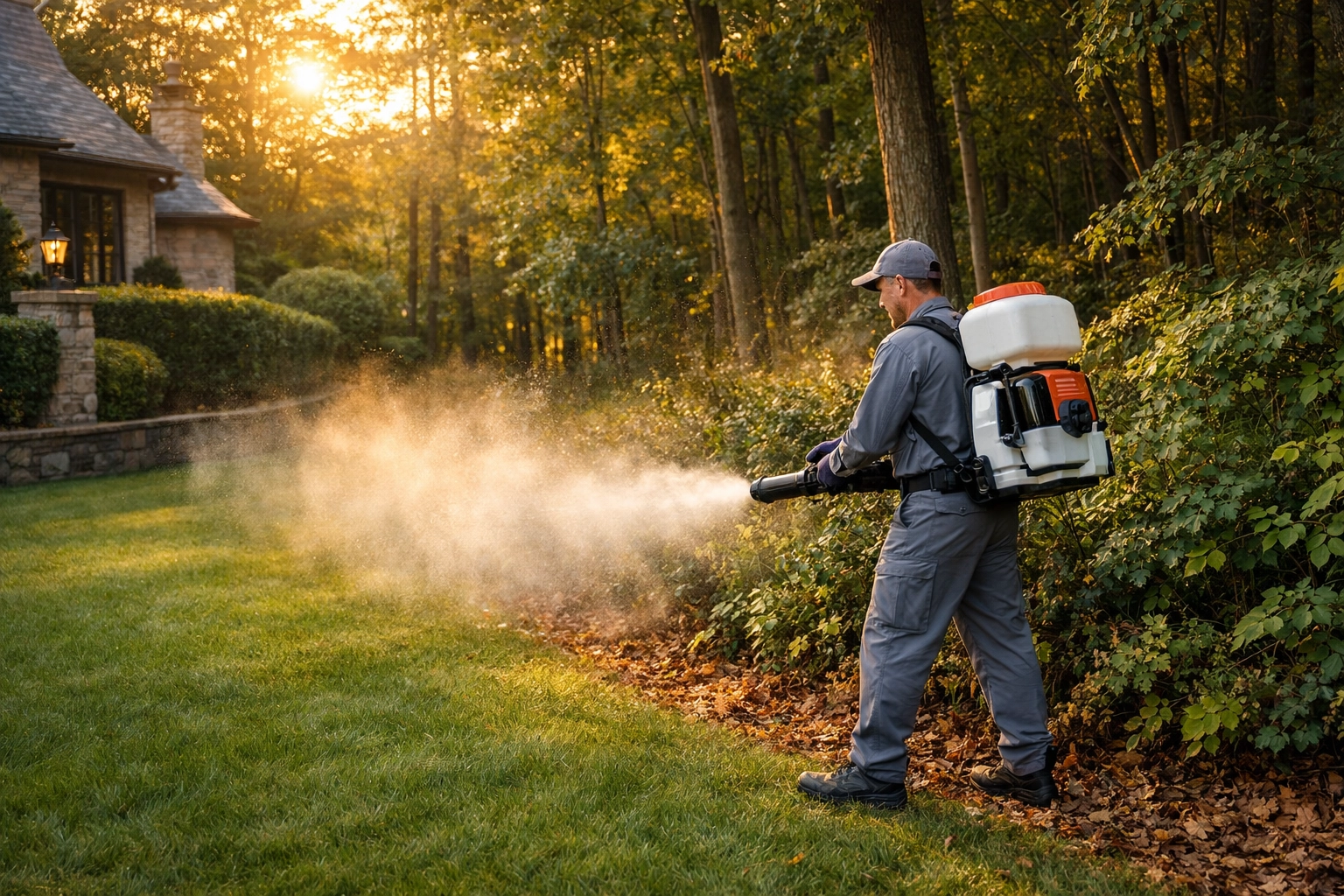 Professional exterminator in Westchester NY applying a perimeter tick control treatment.