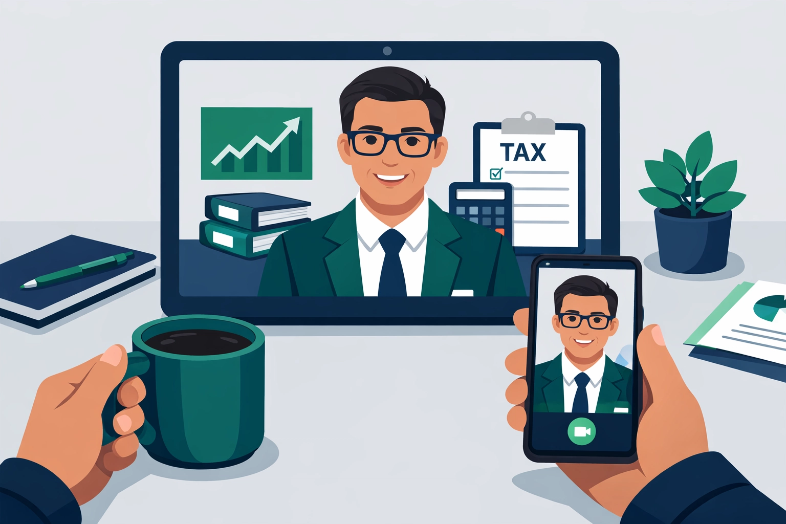 Virtual tax preparation consultation with a professional tax advisor on a digital tablet.