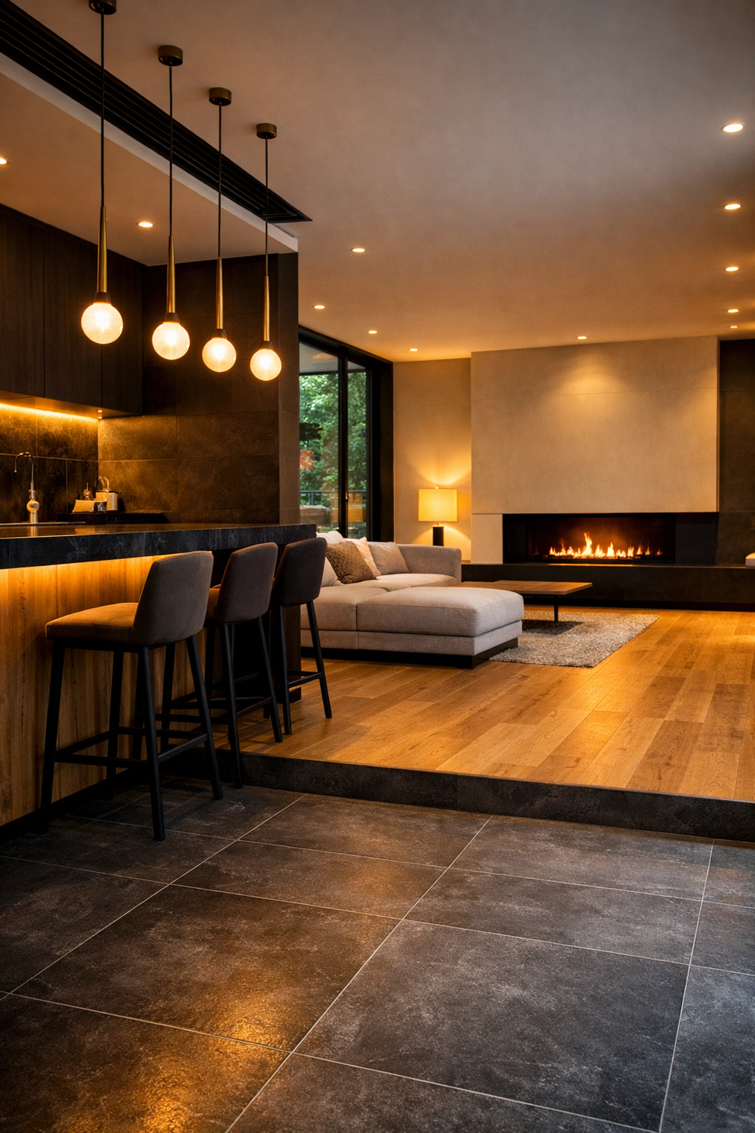 Broken-plan kitchen extension layout using varied flooring to define separate living and cooking zones.