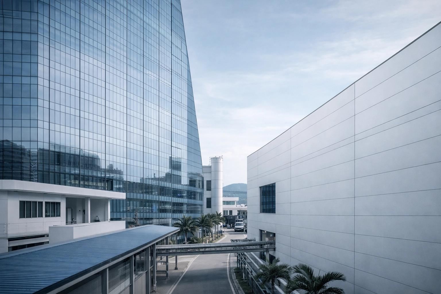 Corporate and industrial buildings illustrating location neutrality for foreign employees under Decree 219.