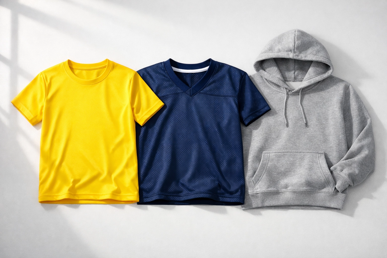 Coordinated youth sports apparel collection with yellow performance shirts and navy jerseys for team branding.