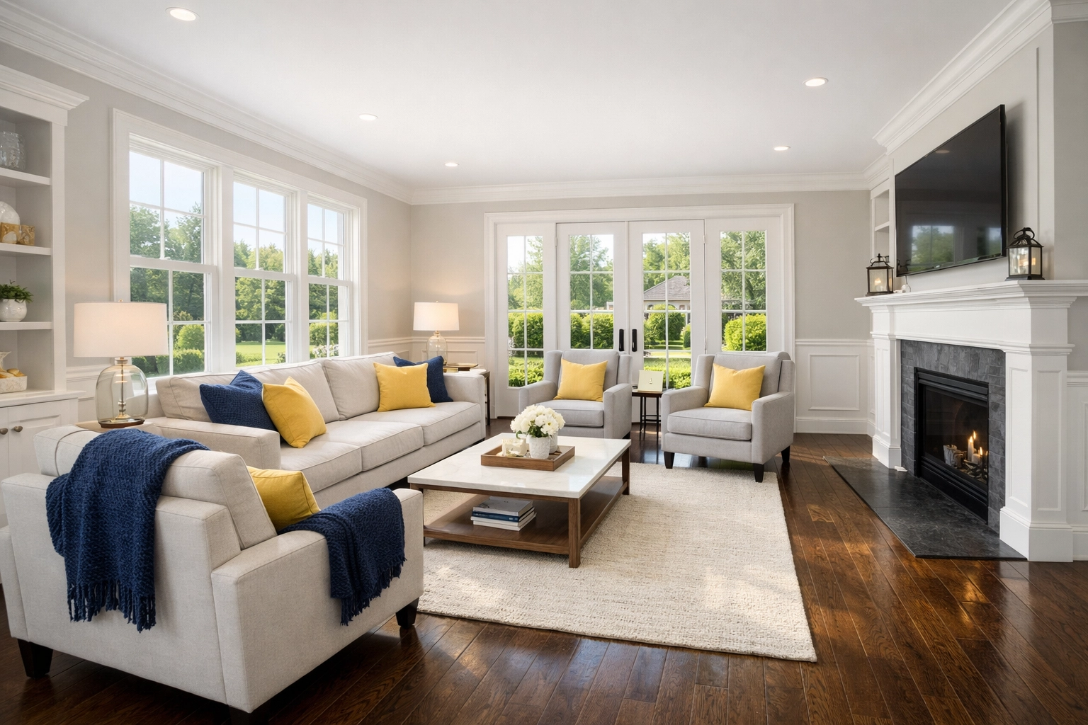 Spotless living room in a Burlington Massachusetts home maintained by a reliable house cleaning service.