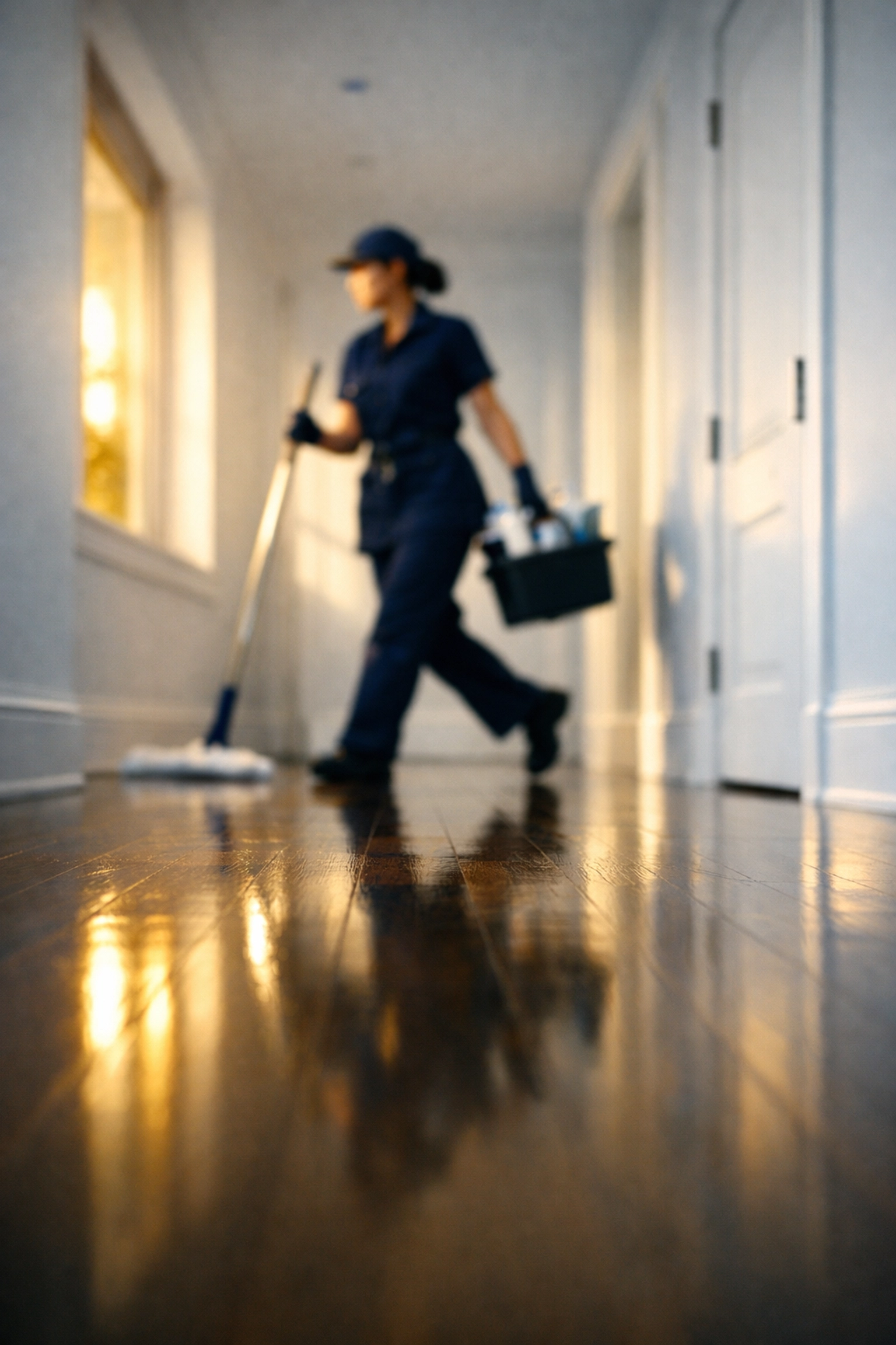 Professional house cleaner in navy uniform cleaning a modern hallway with polished hardwood floors in Whately.