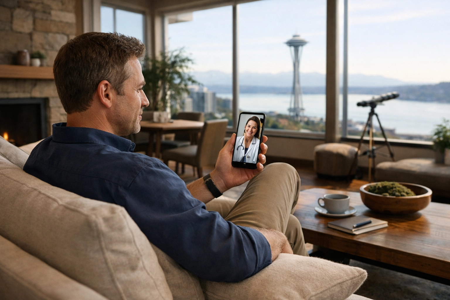 A person sits comfortably on a couch, engaged in a telehealth video consultation on their phone.
