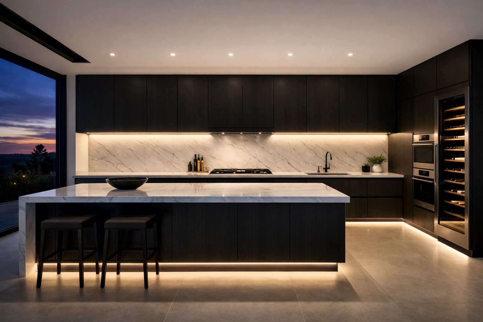 Modern kitchen with professionally installed linear LED lighting under cabinets and at the toe-kick.