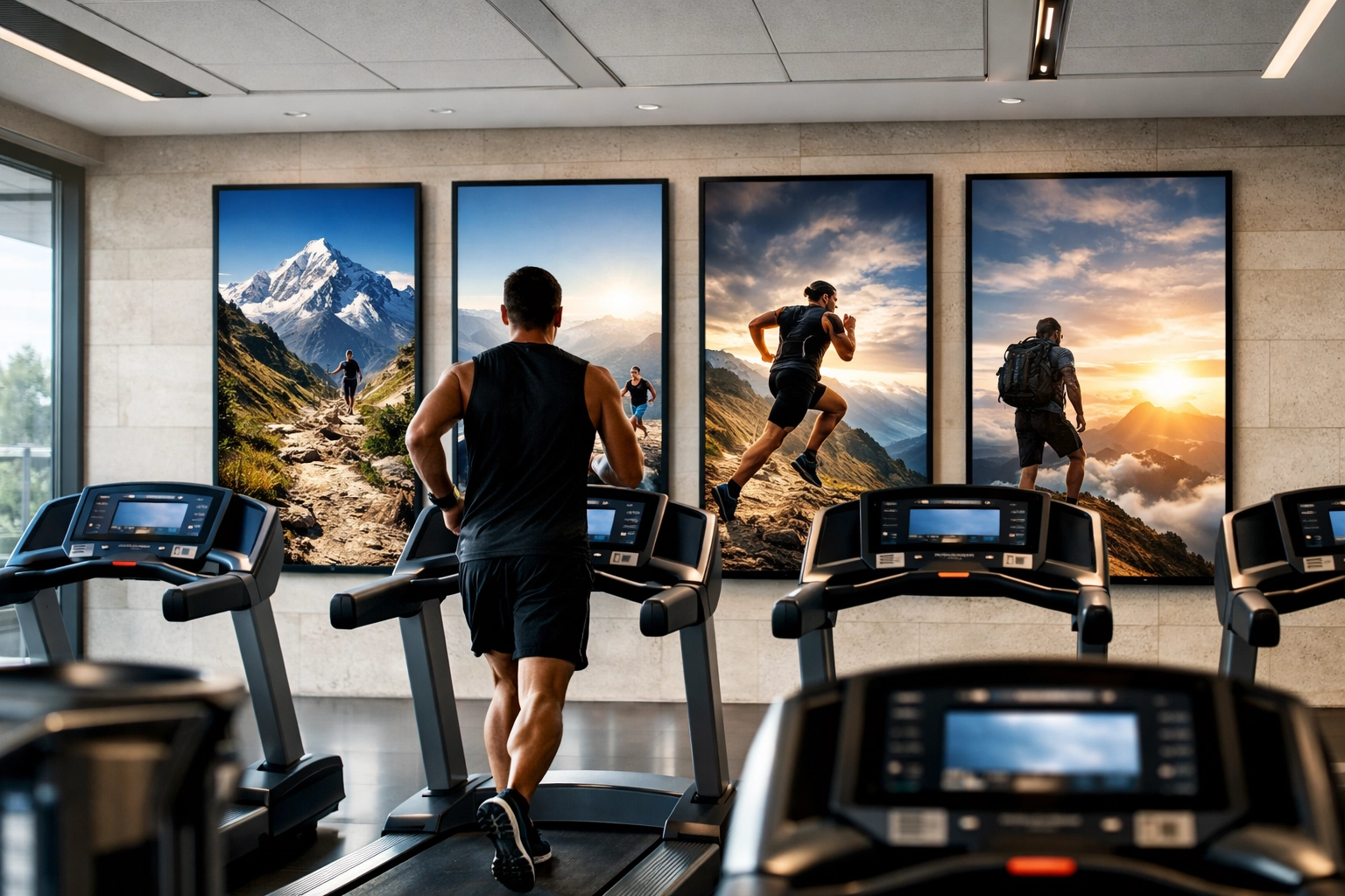 Vertical digital media screens showcasing sports content in a modern fitness center.