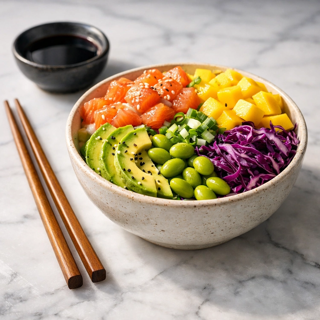 Poke bowl maison coloré avec saumon, mangue et avocat pour un repas sain à Montpellier.