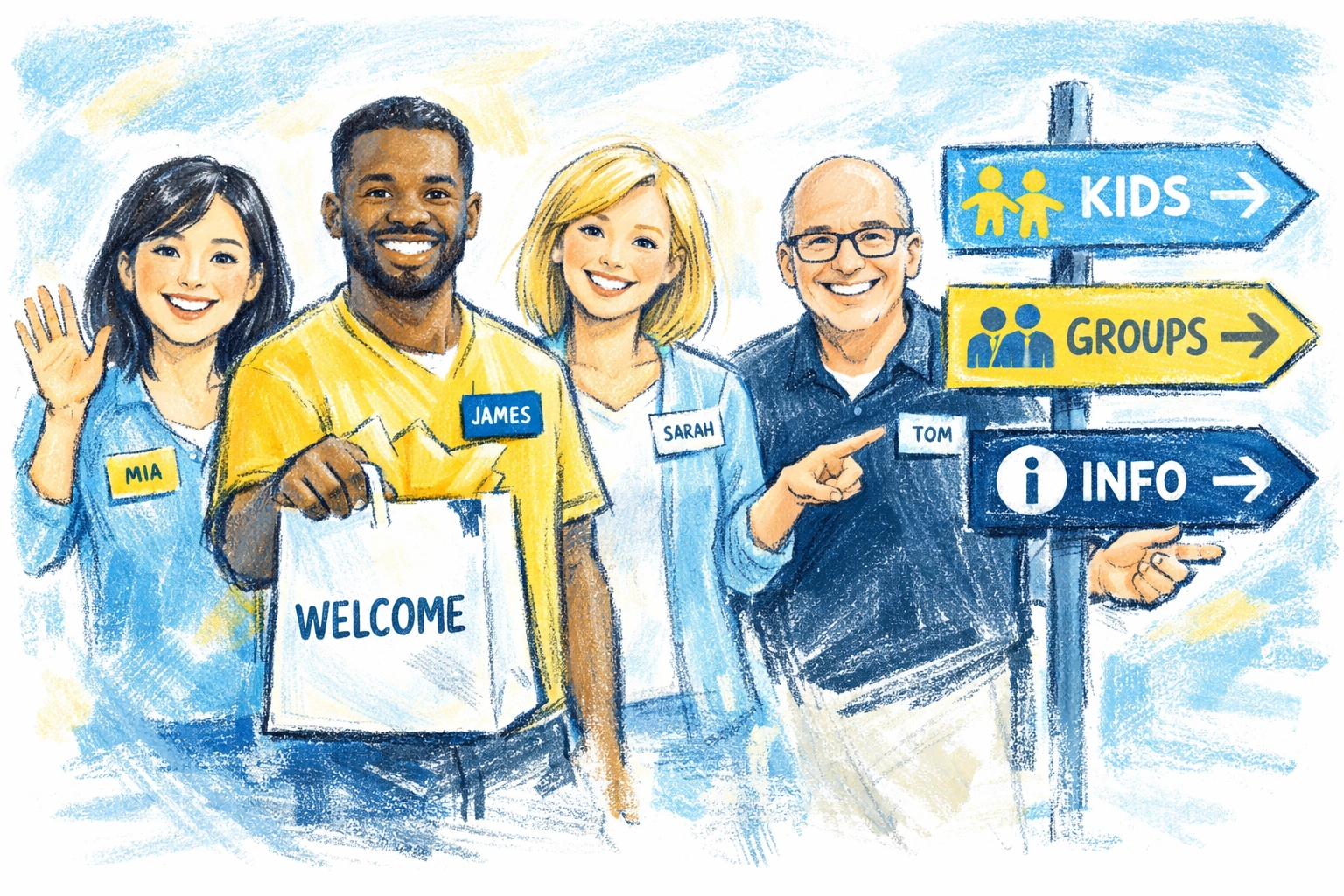 Illustration of a diverse group sharing a meal and praying together at a table, bright modern charcoal style in blues and warm yellows