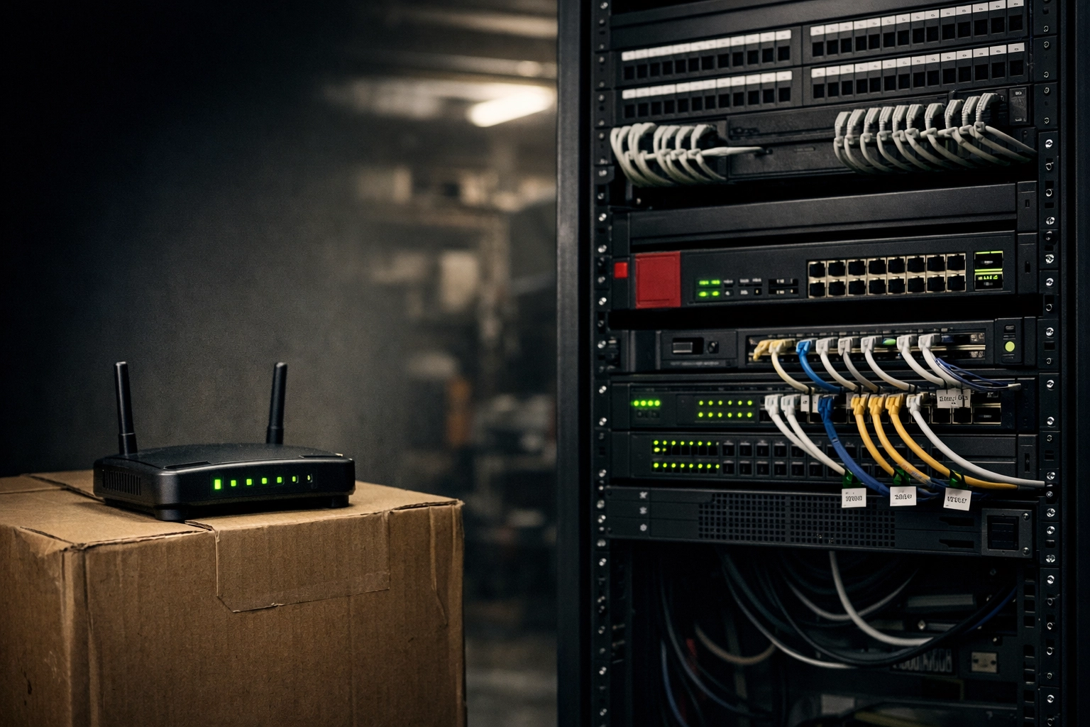 Omaha manufacturing IT closet with a clean rack-mounted enterprise firewall, contrasted with a consumer router used as a temporary fix.