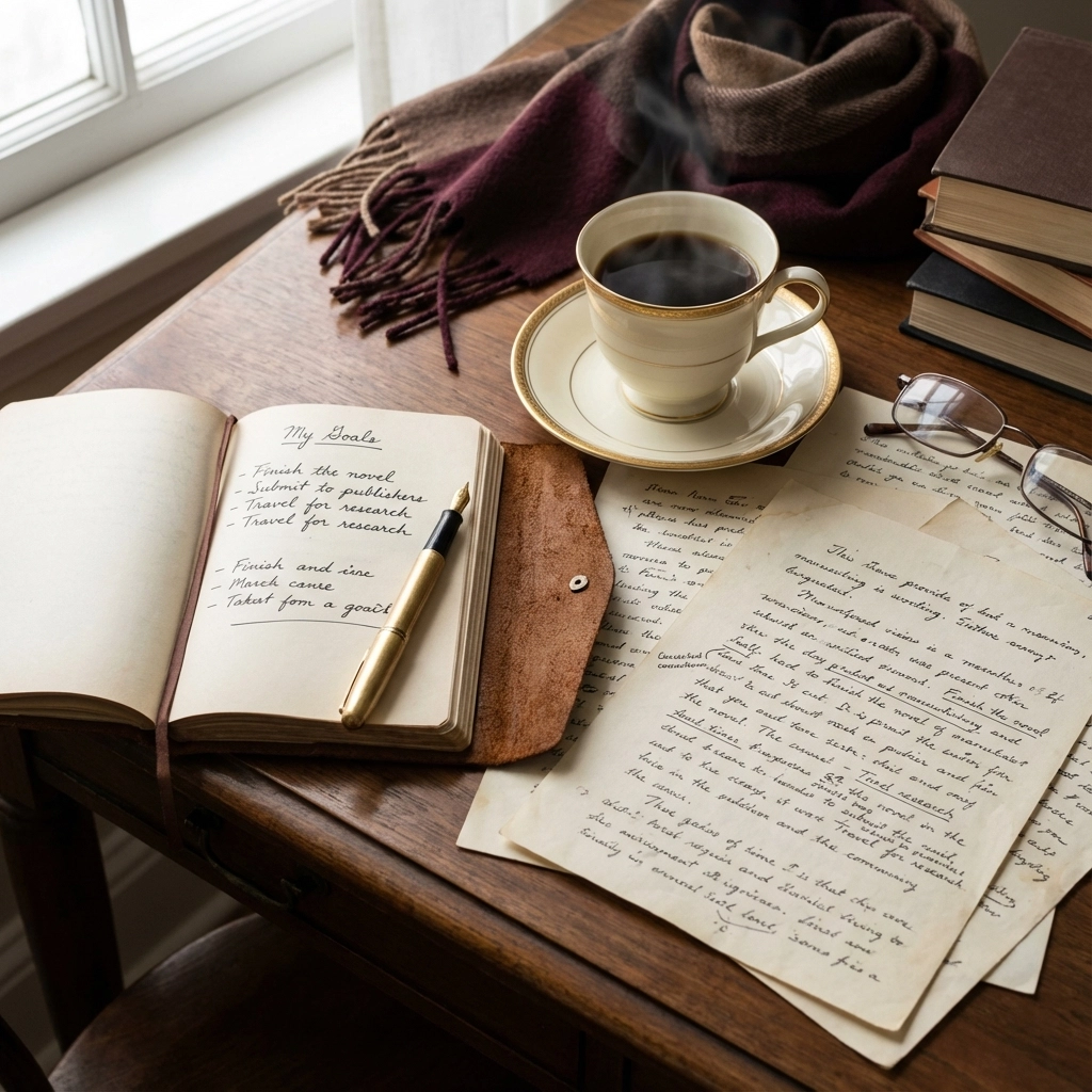 Writing resolutions for authors shown with a notebook of writing goals, handwritten pages, and a cup of coffee on a wooden desk