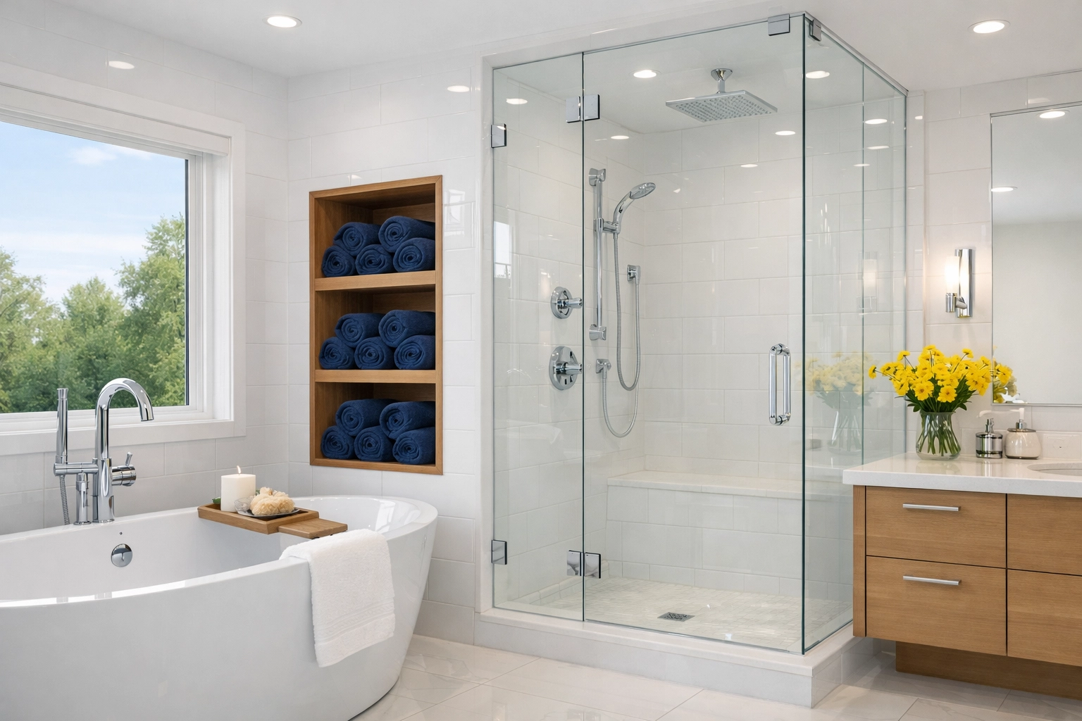 Spa-like bathroom in Leominster with sparkling tiles and fixtures from regular residential cleaning.