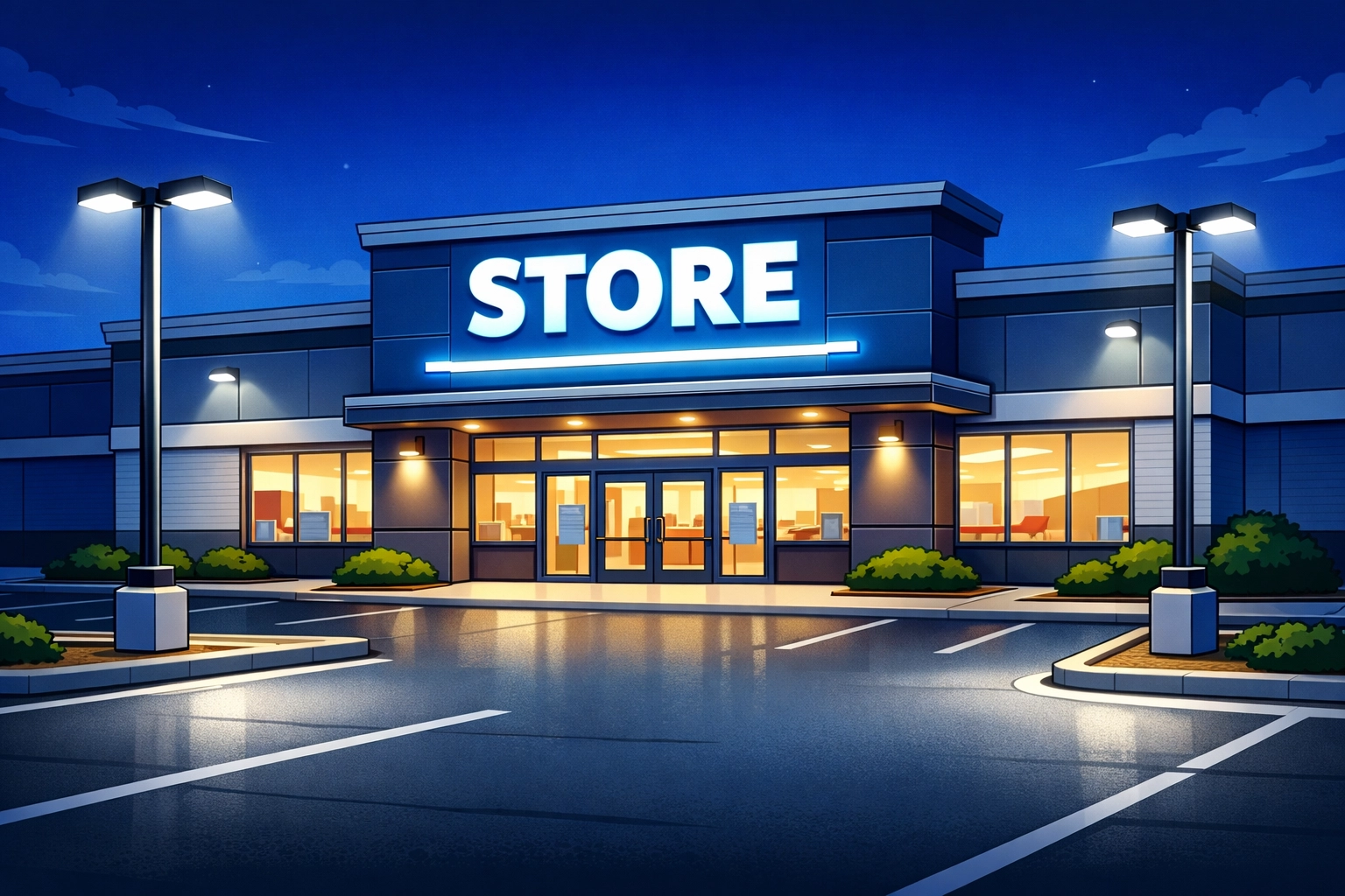 Commercial storefront with LED parking lot lighting in Spring Hill FL at night