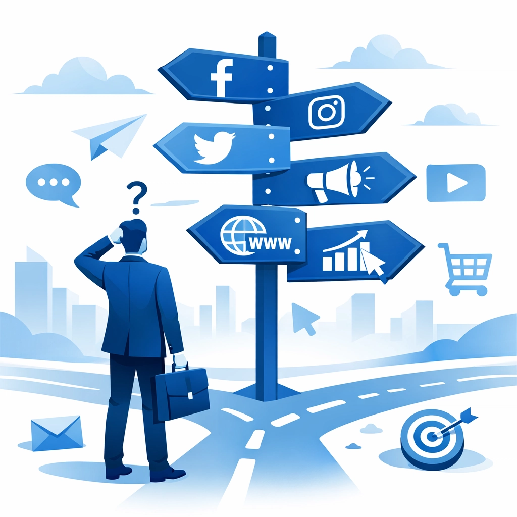 Businessperson at digital marketing crossroads with multiple strategy options and directional signs