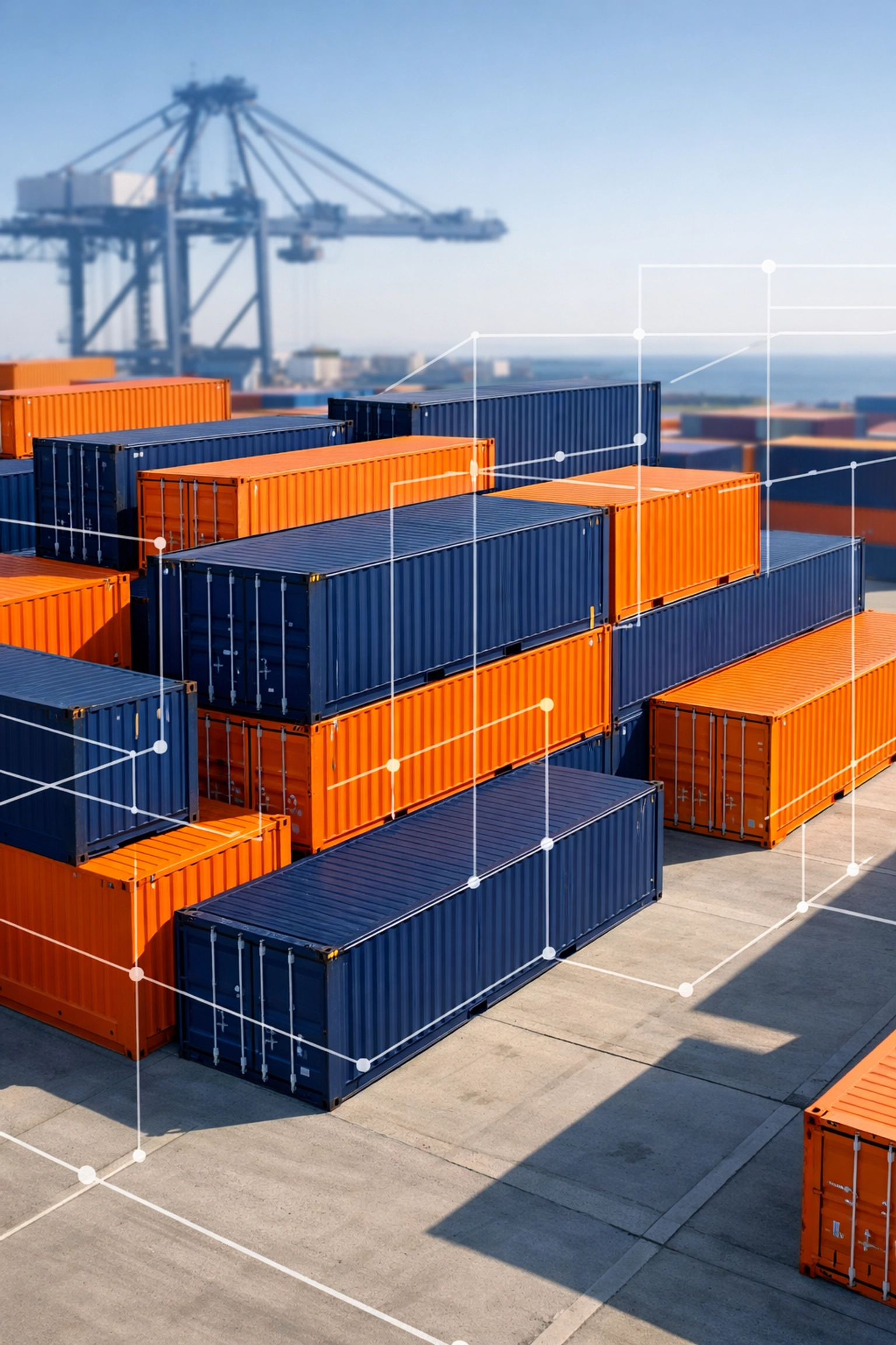 Stacked 20ft and 40ft shipping containers in a maritime terminal for international logistics efficiency.