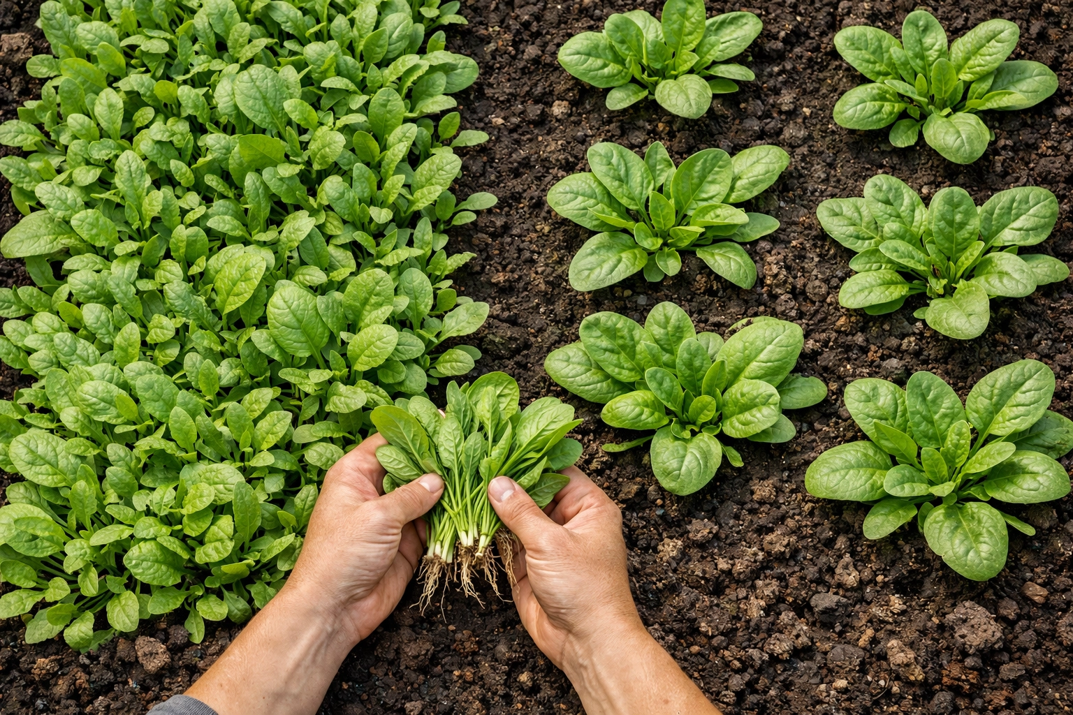 Properly thinned spinach plants spaced 3-5 inches apart compared to crowded seedlings