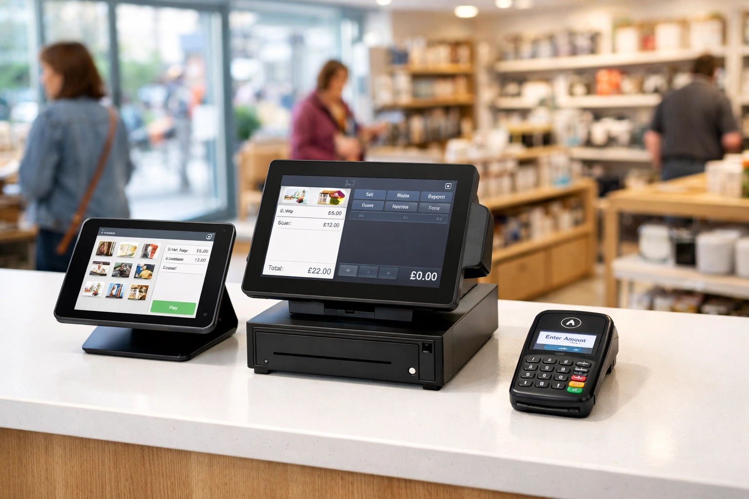 Three different POS terminals displayed side by side in UK retail store for comparison