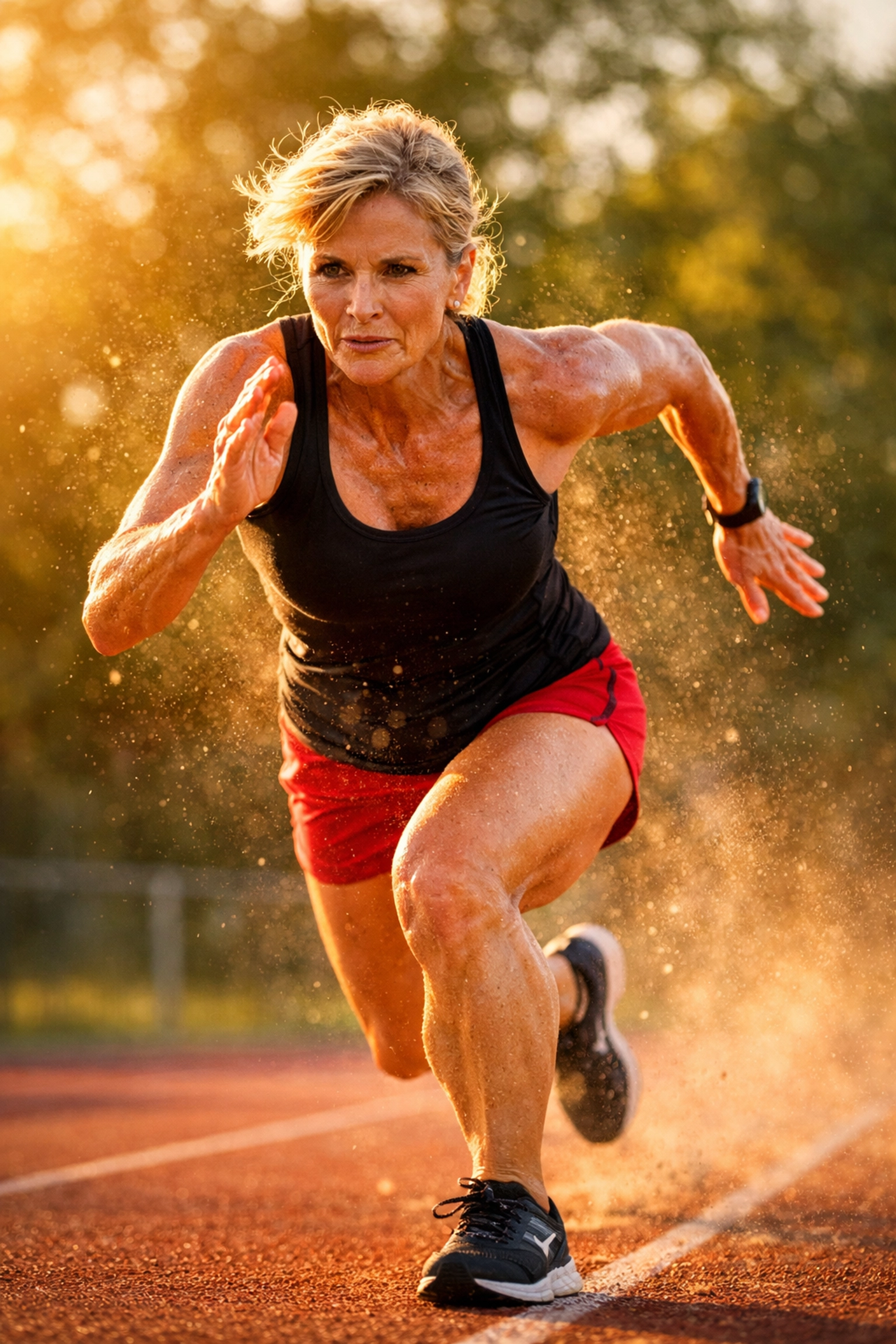 A fit woman sprinting to improve VO2 max and cognitive health through aerobic exercise.