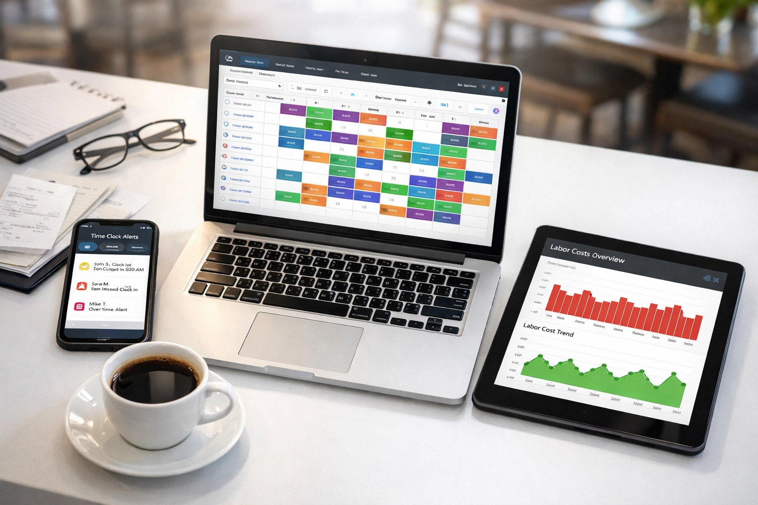 Restaurant manager desk with labor scheduling software showing employee shifts and analytics