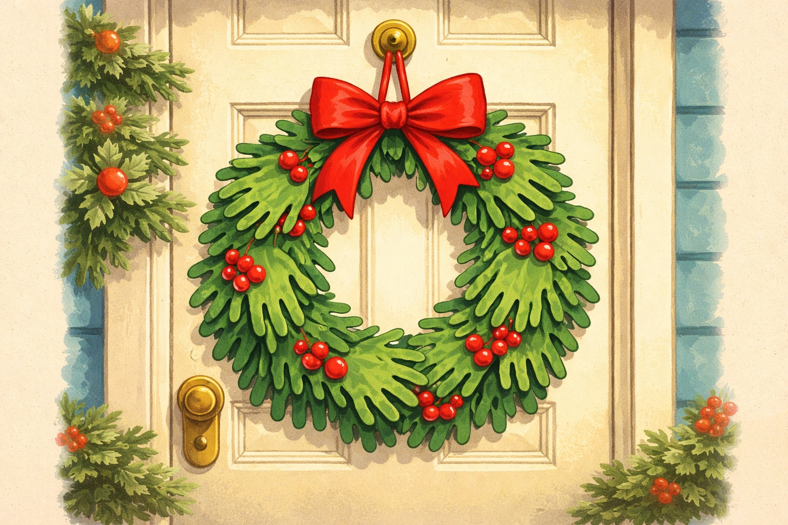 Completed DIY handprint wreath with green handprints, red berries, and ribbon hanging on a blue door