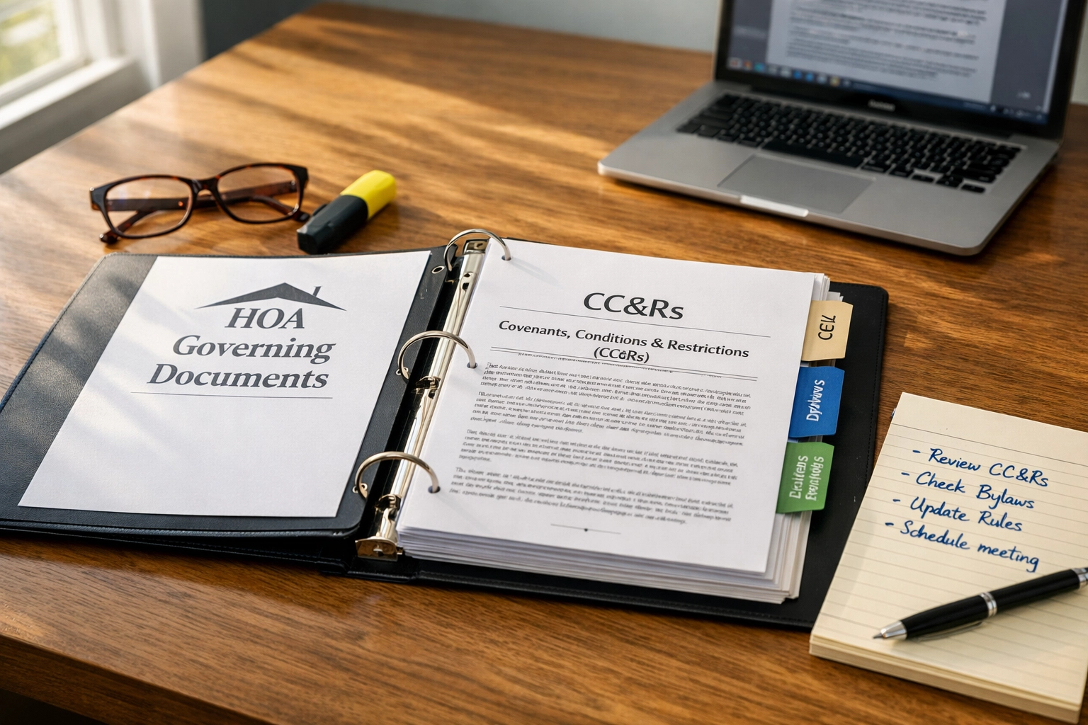 HOA governing documents CC&Rs and bylaws open for homebuyer review