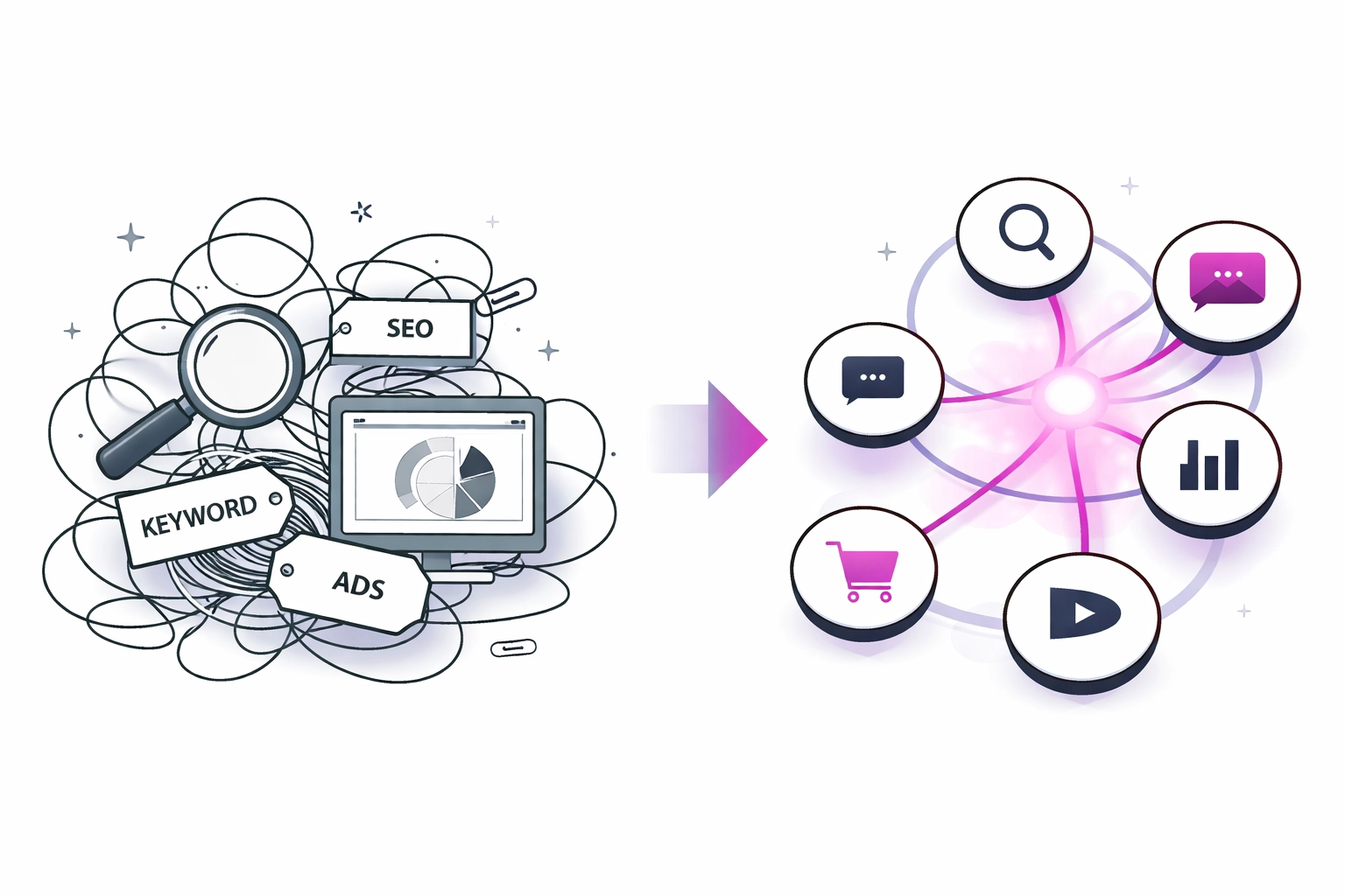 Outdated marketing tactics versus modern omnichannel PPC strategy with connected platforms