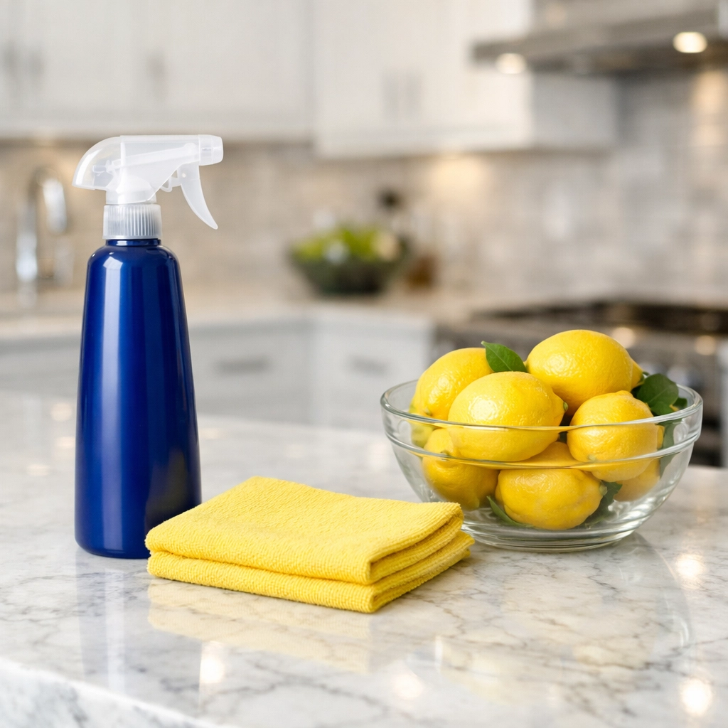 Eco-friendly move-out cleaning Worcester featuring natural green cleaning supplies on a marble countertop.