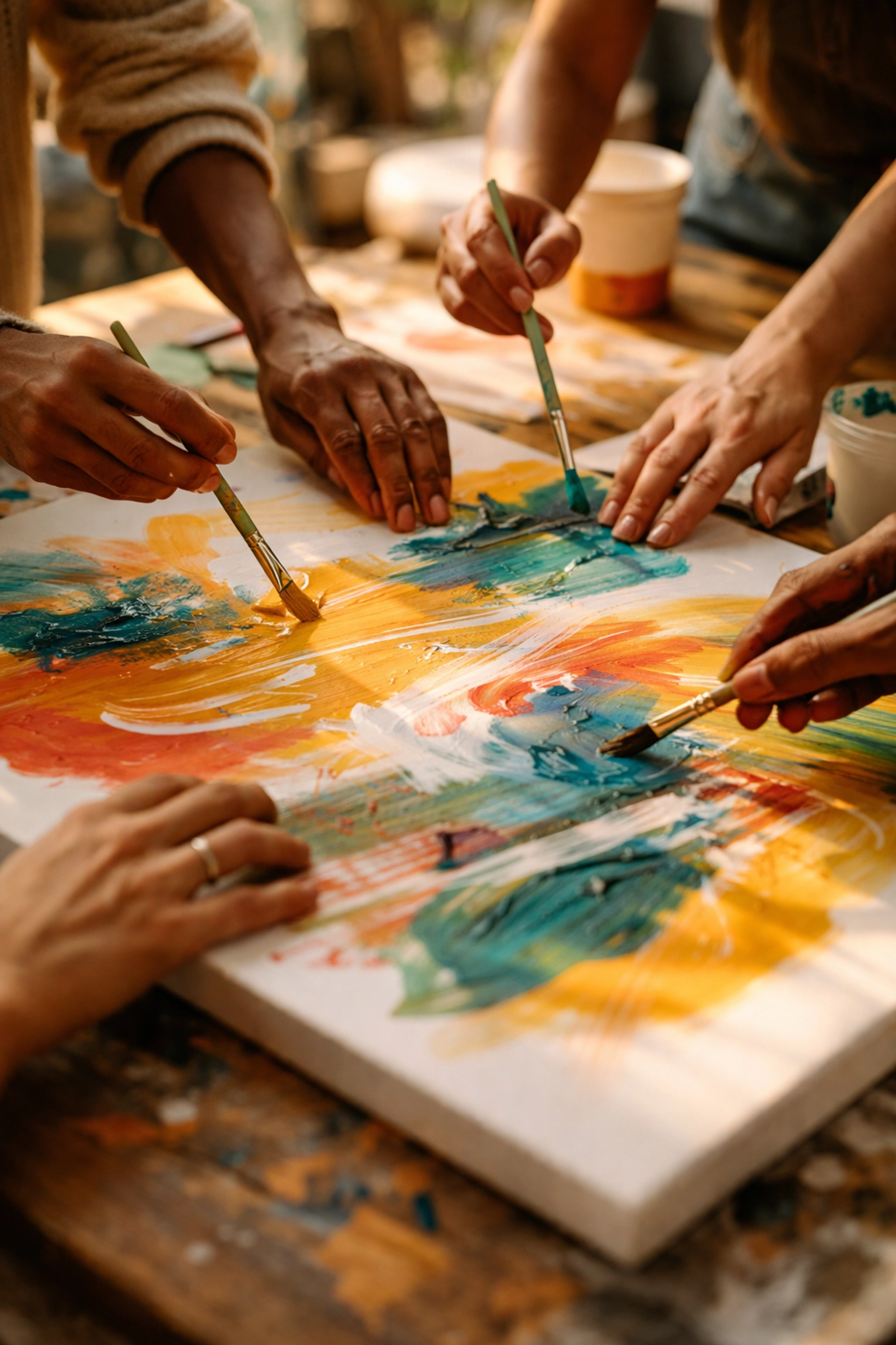 Close-up of multiple hands collaboratively painting an abstract canvas, highlighting team connection and creative reset.