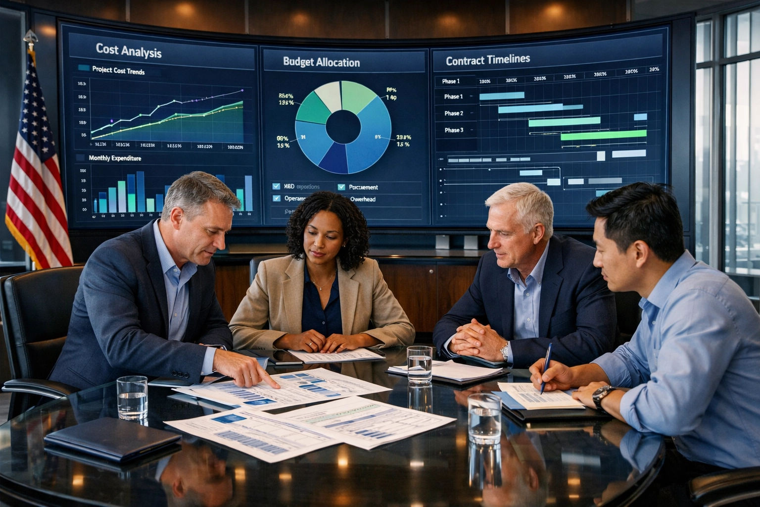 Defense contractor executives reviewing financial dashboards and government contract models