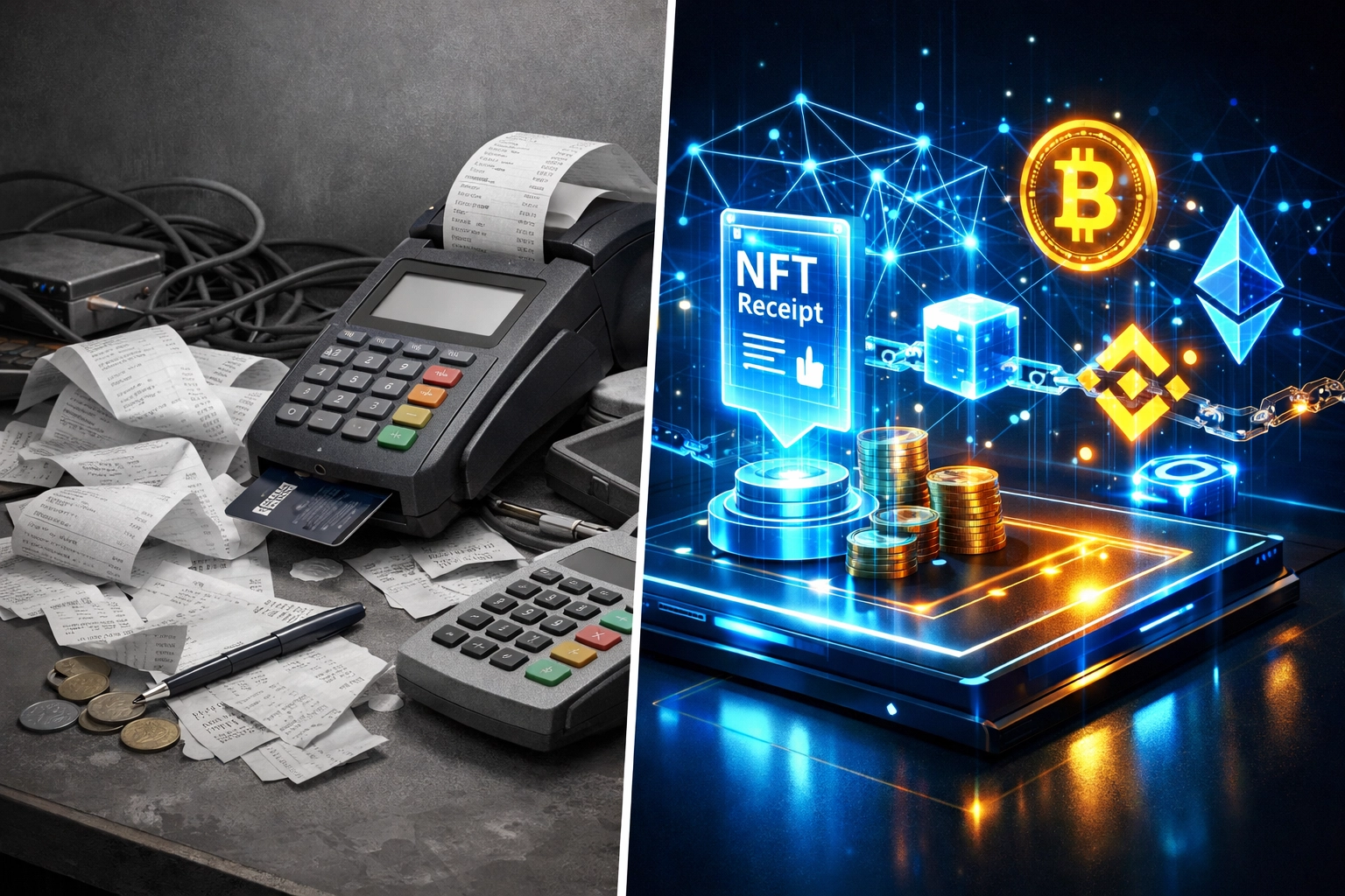 Comparison of traditional payment terminals versus modern crypto blockchain payment infrastructure