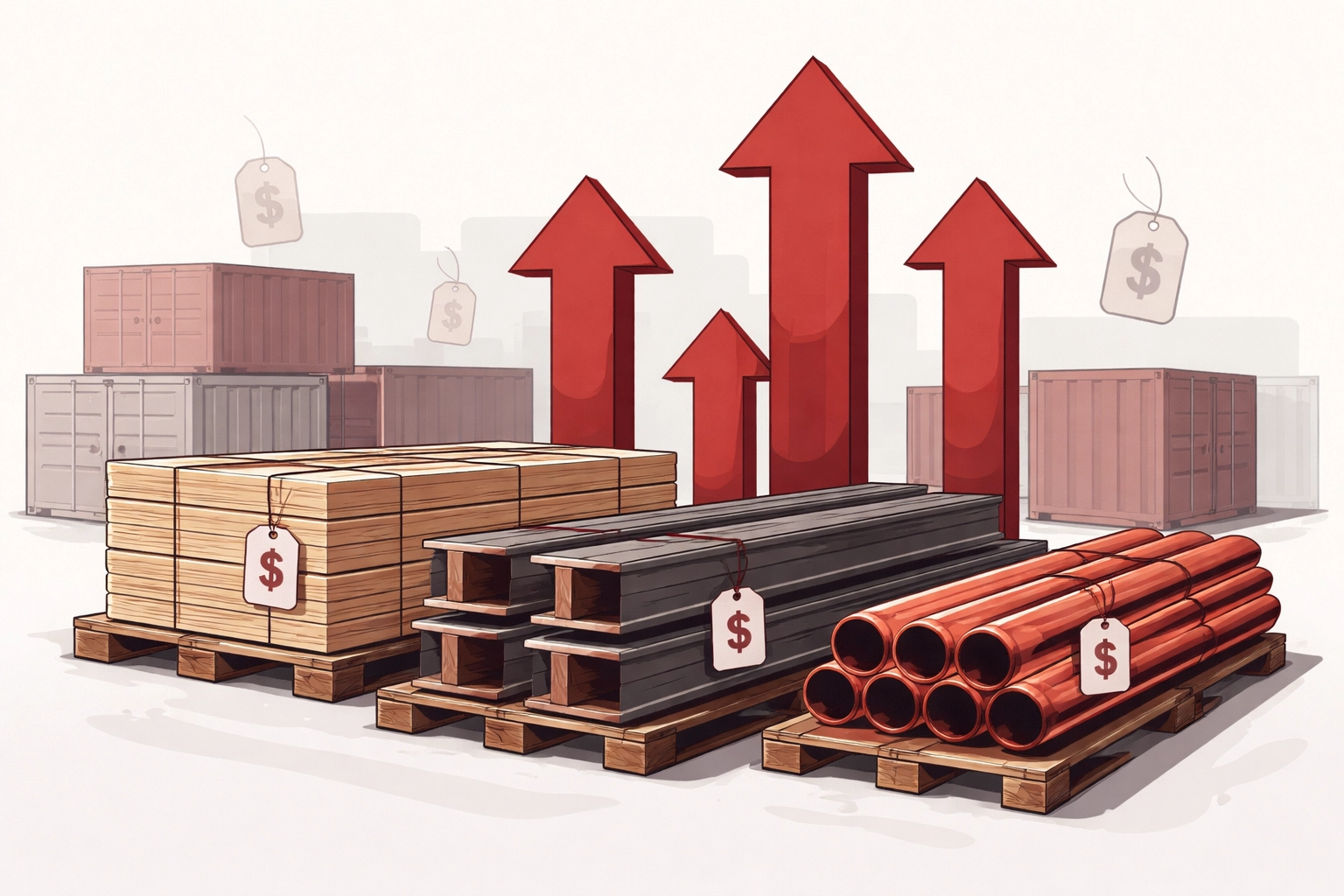 Stacks of lumber, steel, and copper highlight rising material costs for residential general contractors in Philadelphia