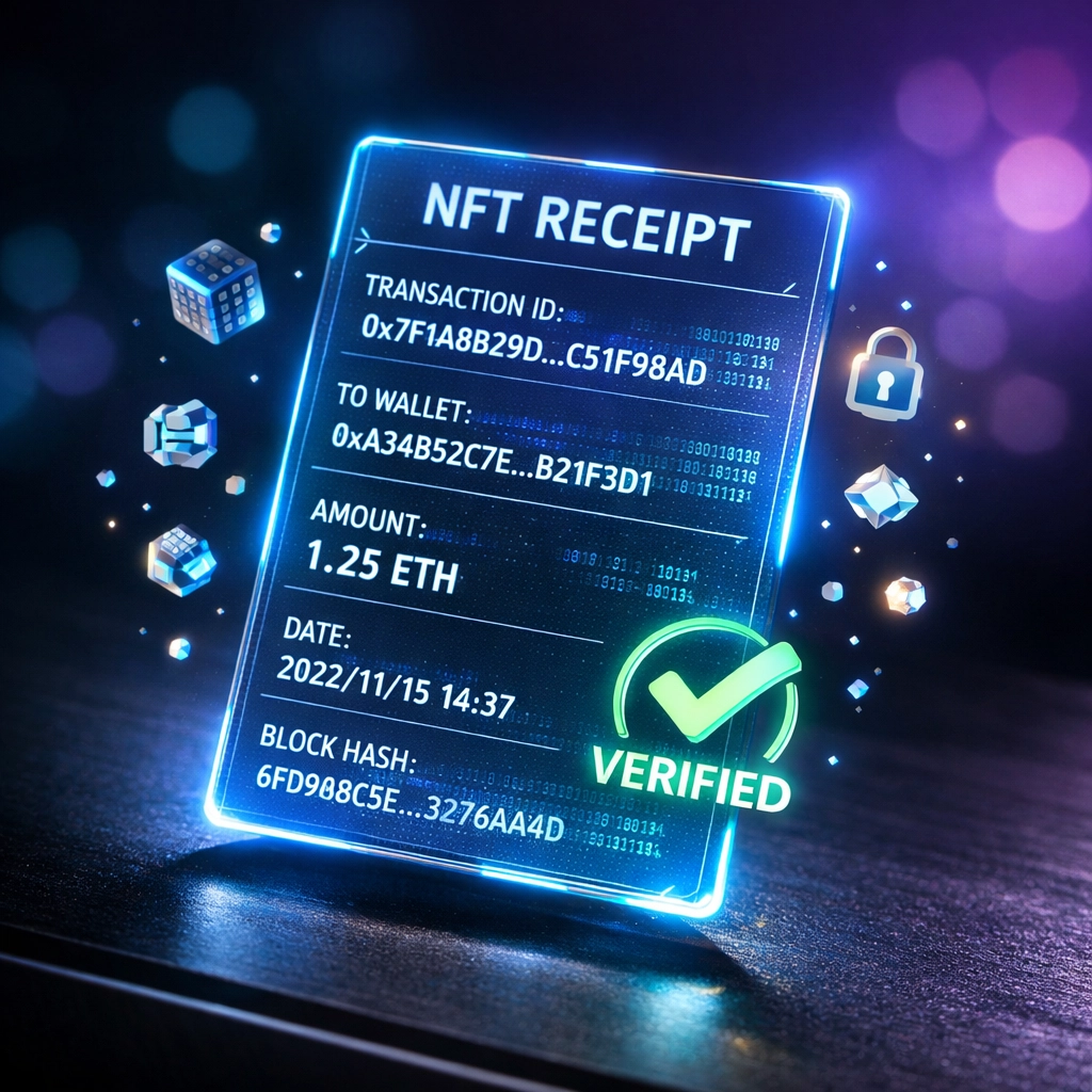 Holographic NFT receipt displaying verified blockchain transaction data and cryptographic proof