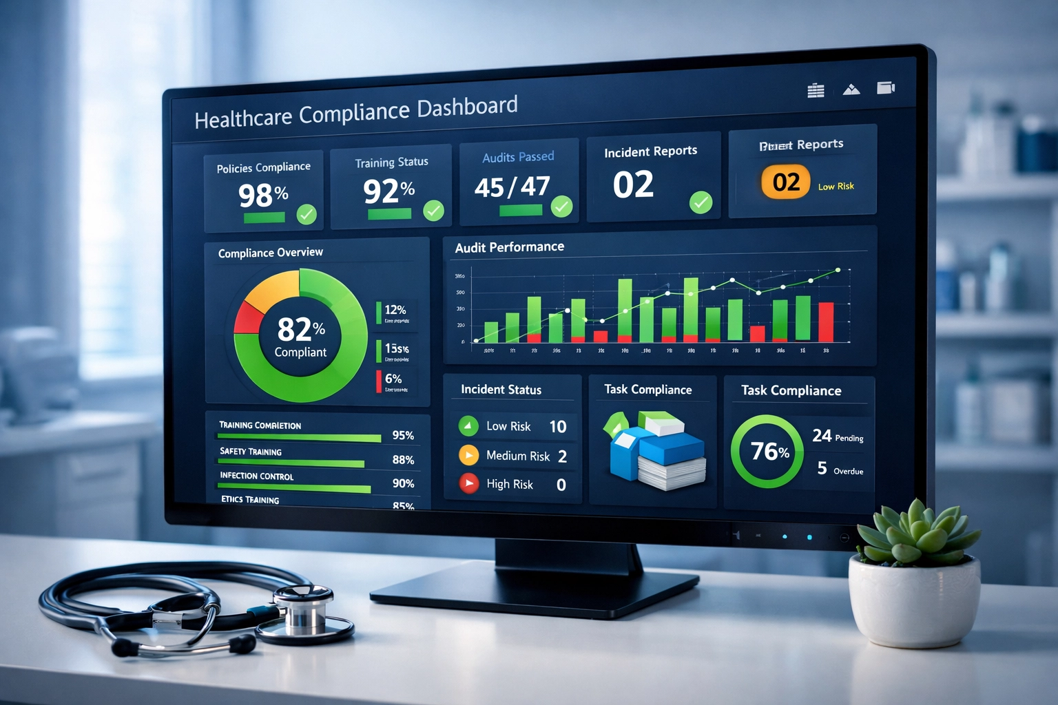 AI-powered healthcare compliance dashboard displaying documentation tracking and validation metrics