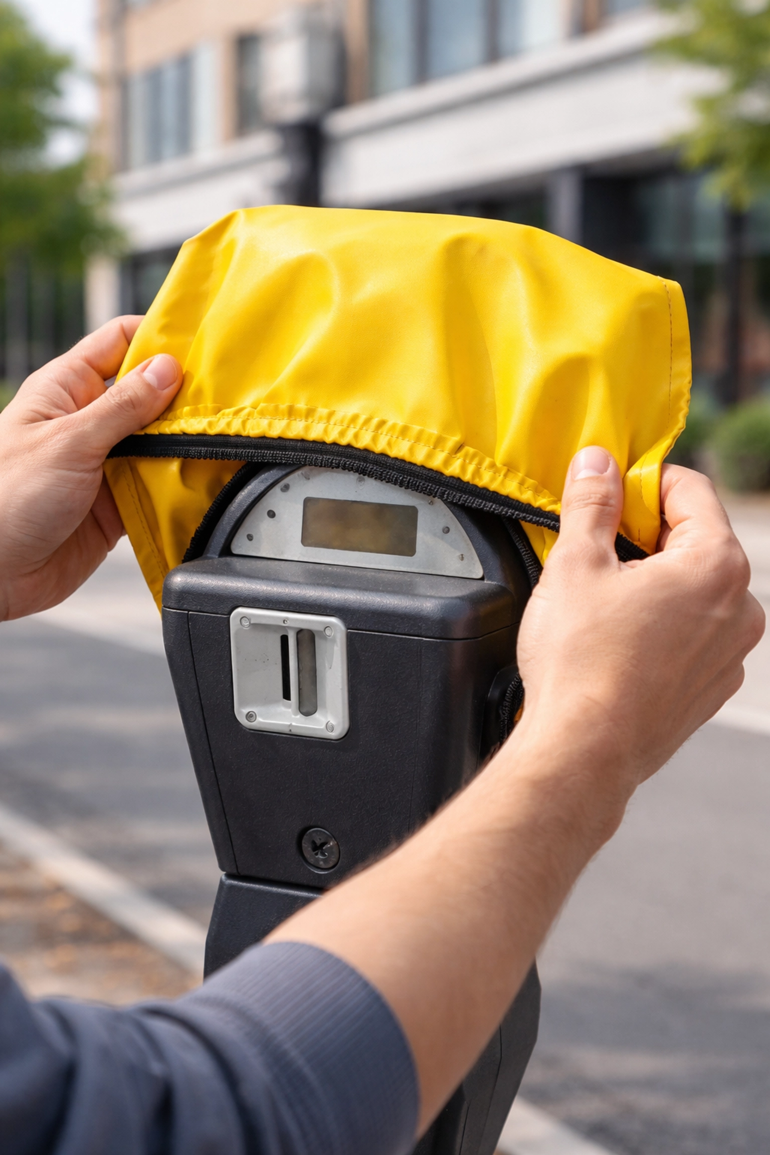 Hands installing a yellow parking meter cover to show quick and easy setup for temporary parking signage