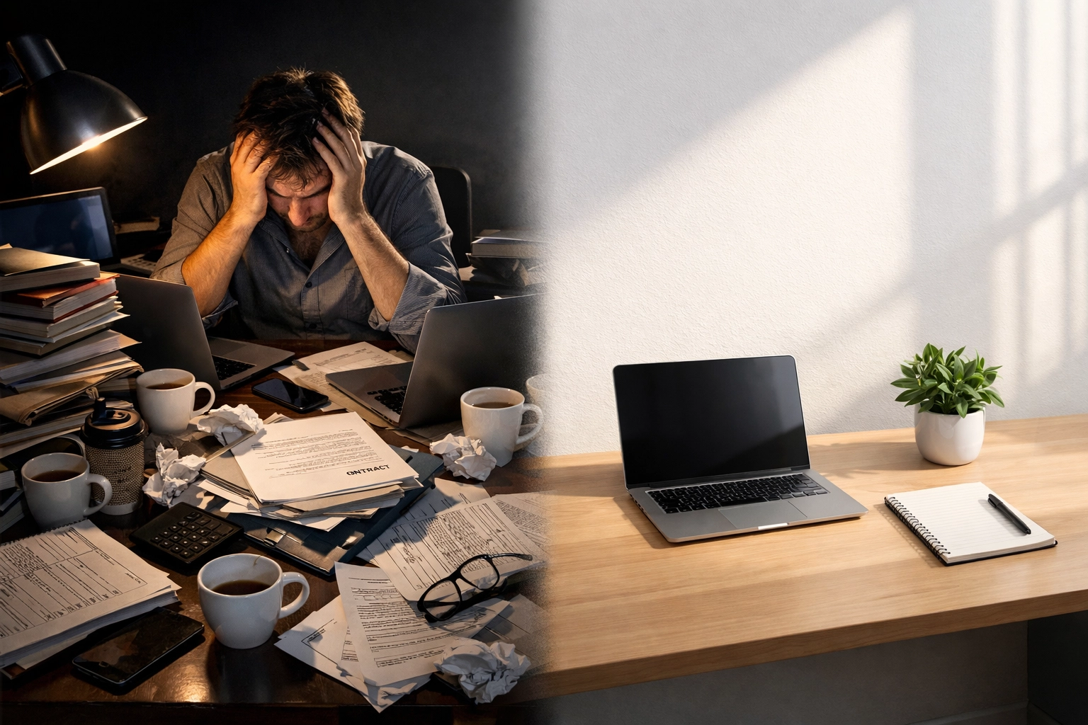 Chaotic DIY workspace contrasted with clean organized professional operations setup