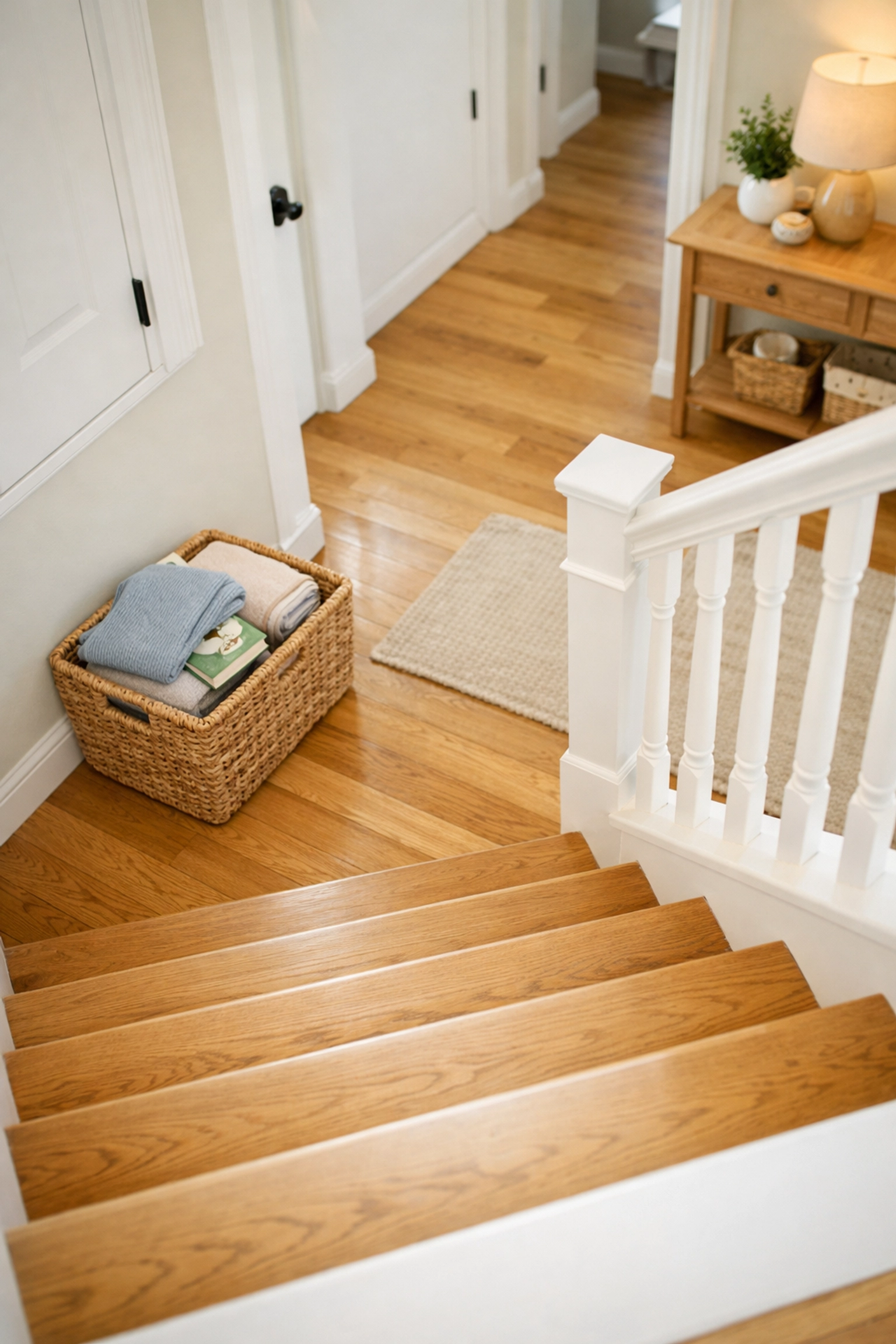 A clean, clutter-free staircase with a clear path and a storage basket at the bottom to prevent tripping.