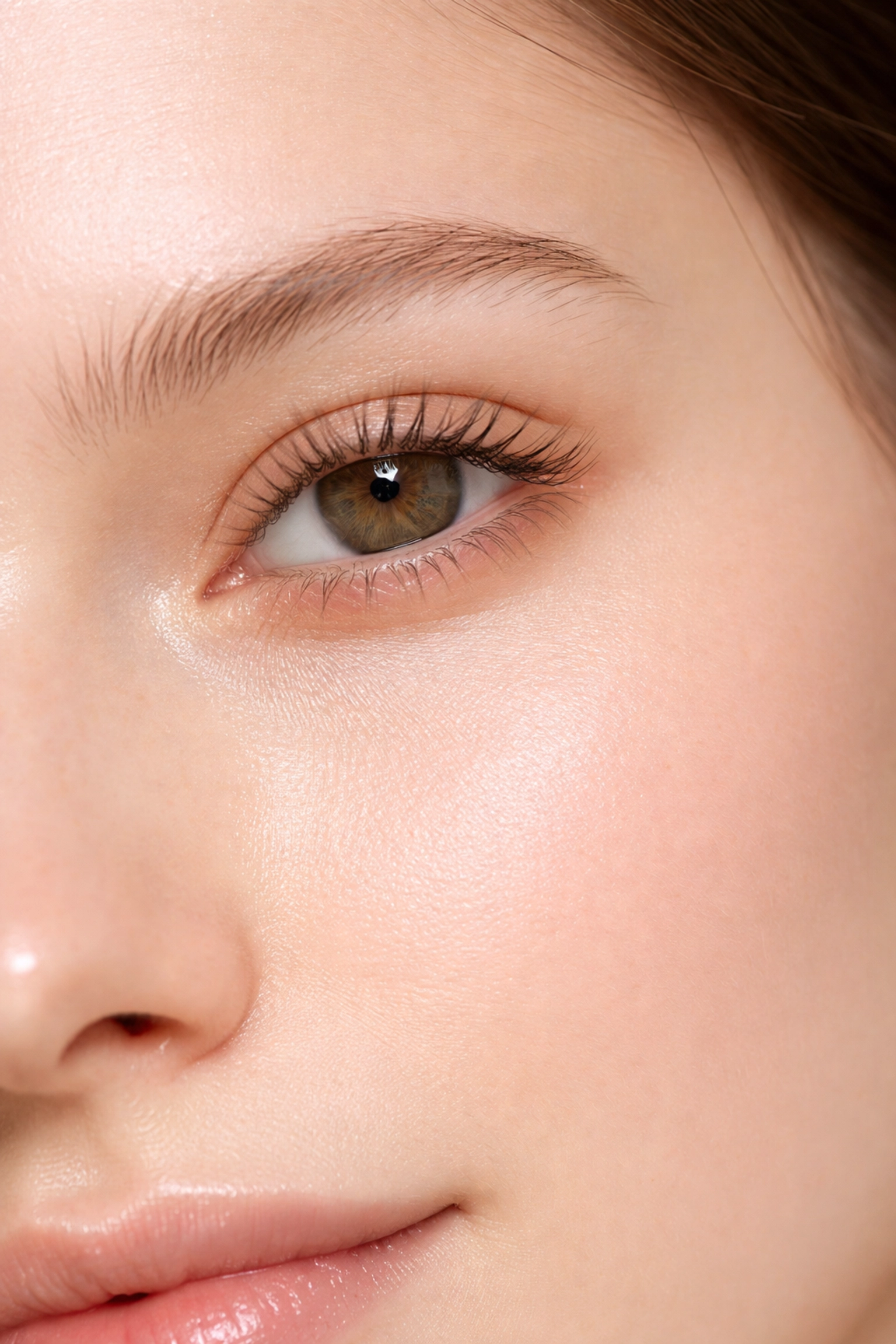 Close-up of a woman's eye area showing smooth, hydrated skin, highlighting the importance of K-beauty eye care solutions. Shop Korean eye creams and serums in Canada