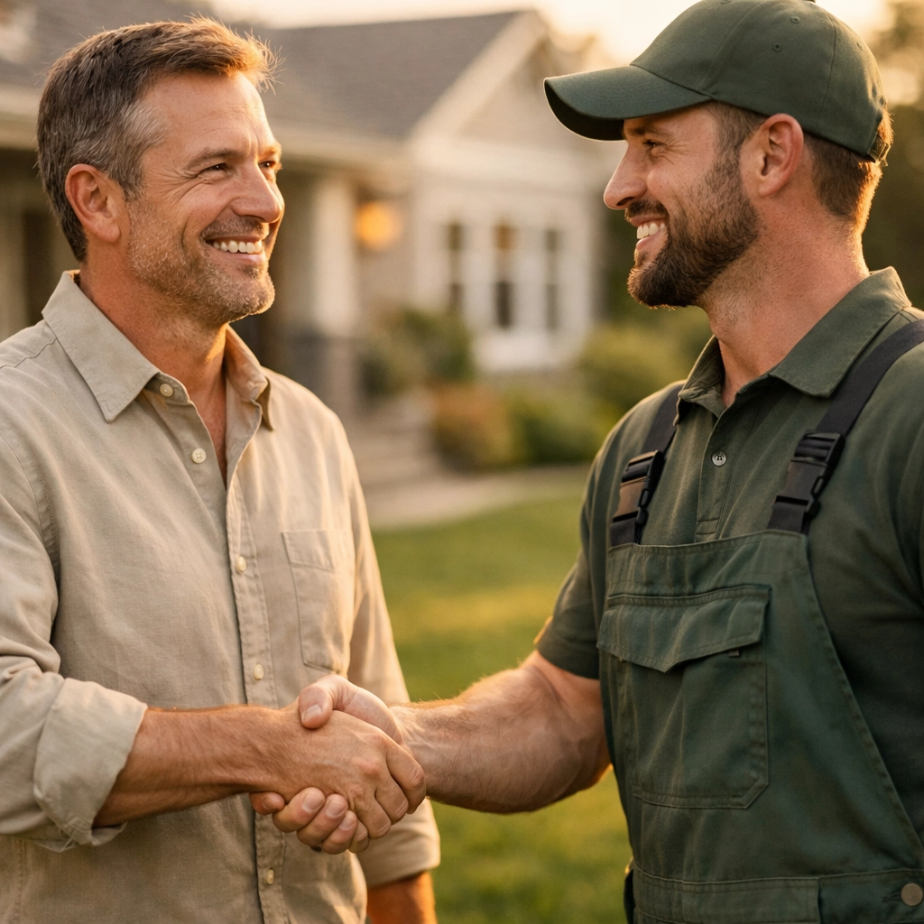 Landscaper shaking hands with satisfied homeowner after lawn care service