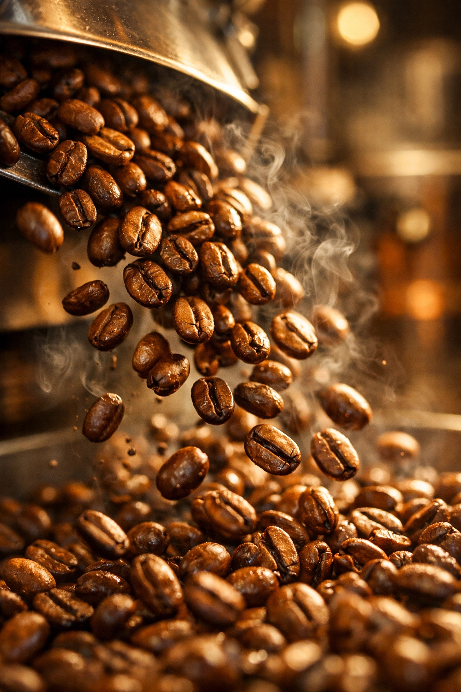 Freshly roasted coffee beans being poured from a roaster with steam rising