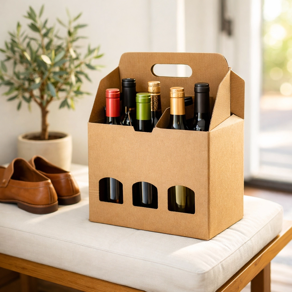 Curated wine delivery carrier in a home entryway, showing the convenience of home wine delivery.