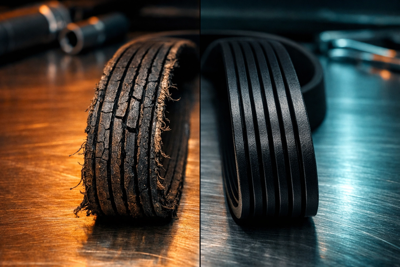 Comparison of a worn, cracked serpentine belt and a new one to show the value of proactive fleet maintenance services.