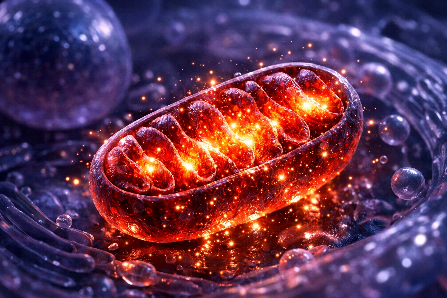 Red light therapy stimulating mitochondria to increase ATP production and cellular repair.