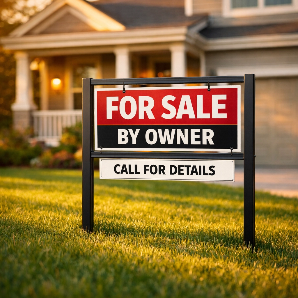High-quality FSBO yard sign on residential lawn demonstrating professional home selling tools